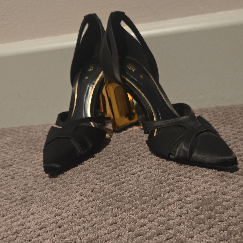 Zara Elegant Black and Gold Satin Women's Heels